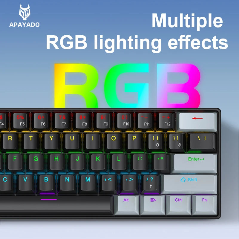 APAYADO K61 Mini Gaming Keyboard 60% Portable Wired 61-Key RGB Lighting Red/Blue Switch Selectable Black/White/Red Colors