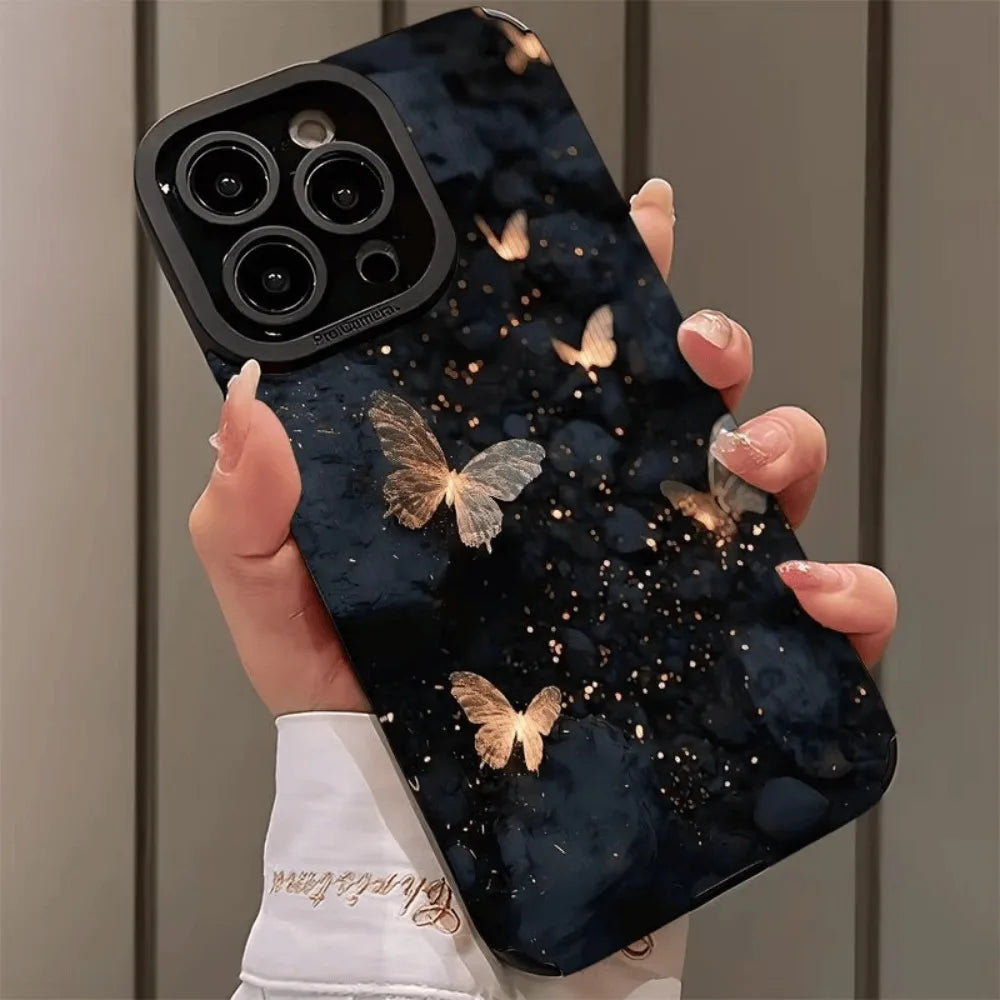 For iPhone 17 Pro Max Case Black Gold Glitter Butterfly Luxury Matte Hard Cover Compatible with iPhone 16 15 14 13 12 11