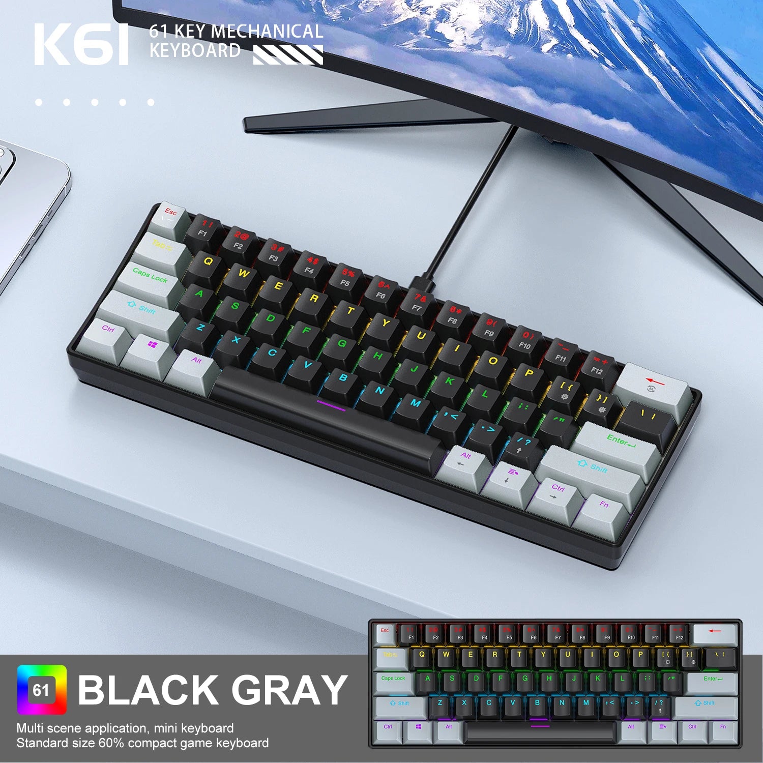 APAYADO K61 Mini Gaming Keyboard 60% Portable Wired 61-Key RGB Lighting Red/Blue Switch Selectable Black/White/Red Colors
