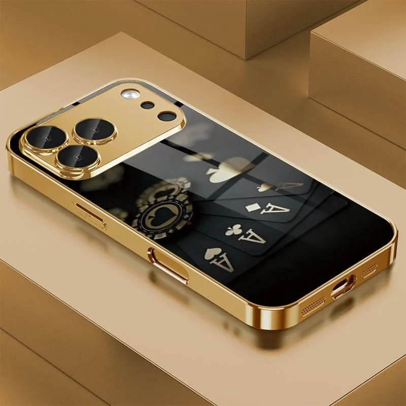 Black Card Gold Symbol Pattern Gold Metallic Paint Glass Phone Case For iPhone 17 Pro Max 11 12 13 14 15 16 Plus 17Air 16E Cover