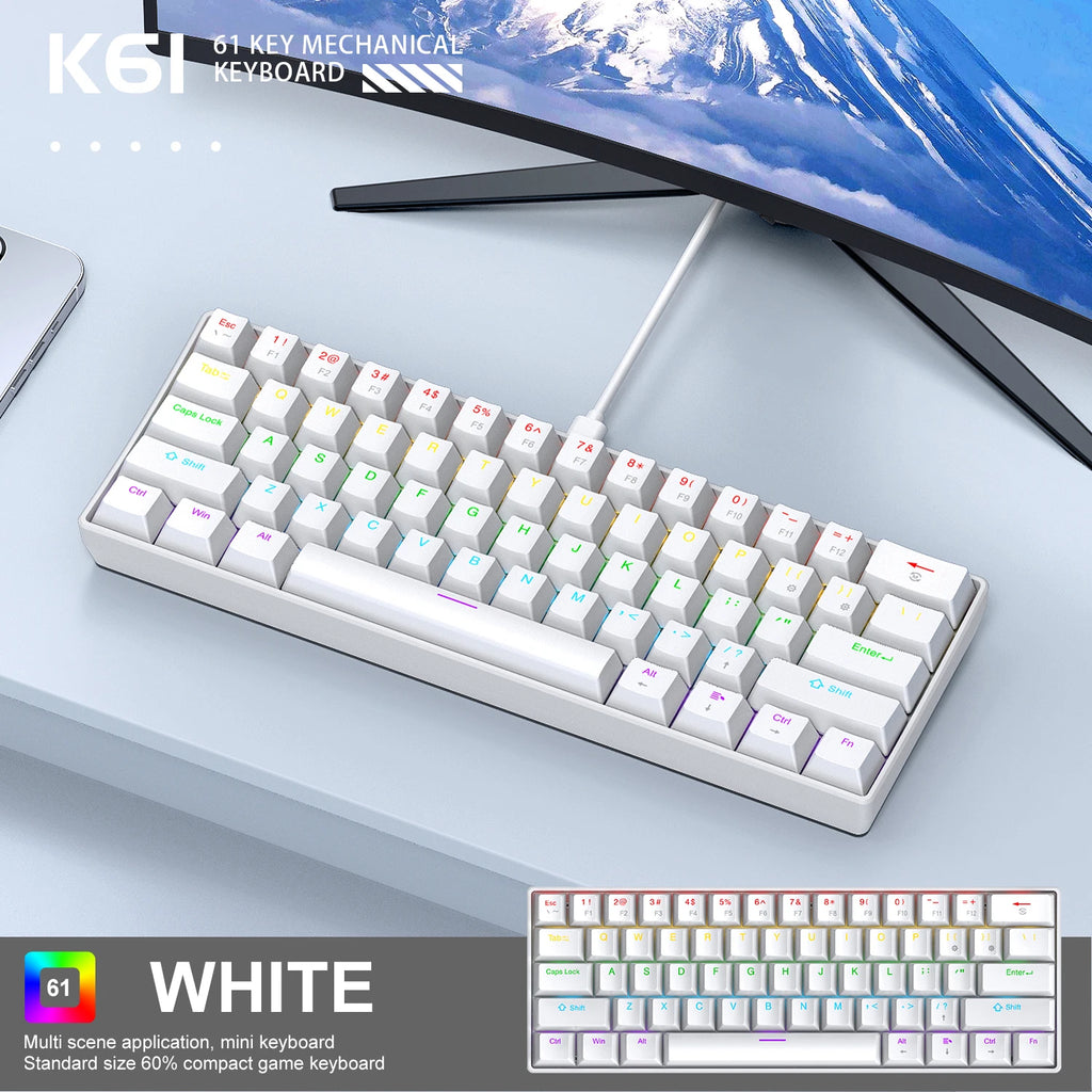 APAYADO K61 Mini Gaming Keyboard 60% Portable Wired 61-Key RGB Lighting Red/Blue Switch Selectable Black/White/Red Colors