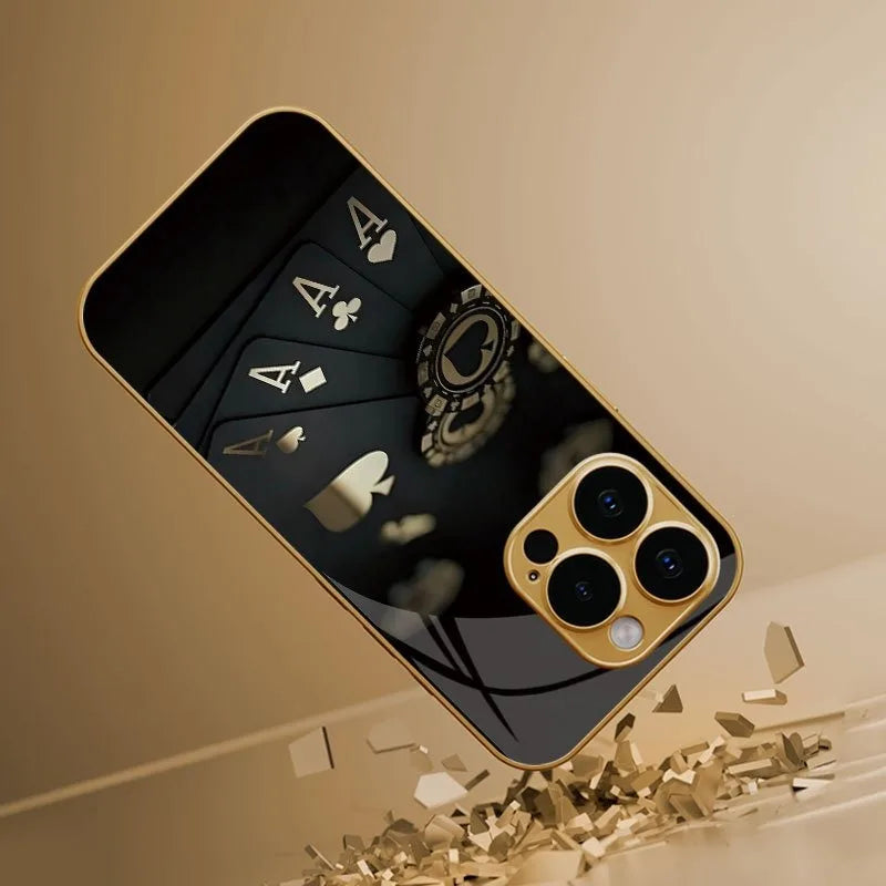 Black Card Gold Symbol Pattern Gold Metallic Paint Glass Phone Case For iPhone 17 Pro Max 11 12 13 14 15 16 Plus 17Air 16E Cover
