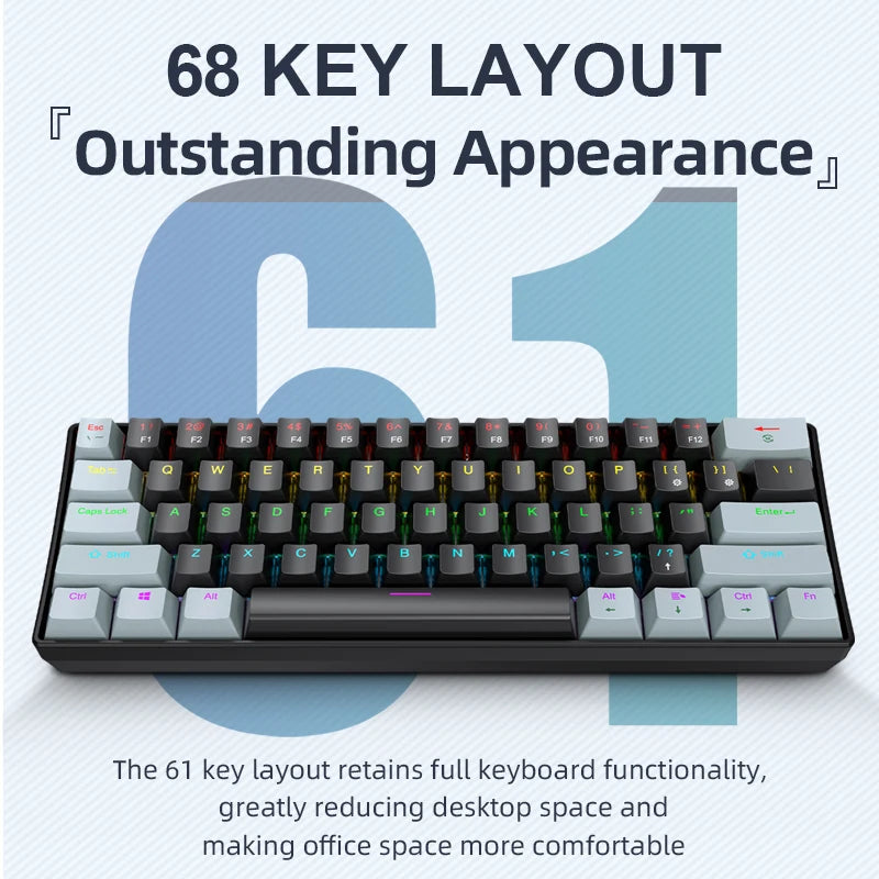 APAYADO K61 Mini Gaming Keyboard 60% Portable Wired 61-Key RGB Lighting Red/Blue Switch Selectable Black/White/Red Colors