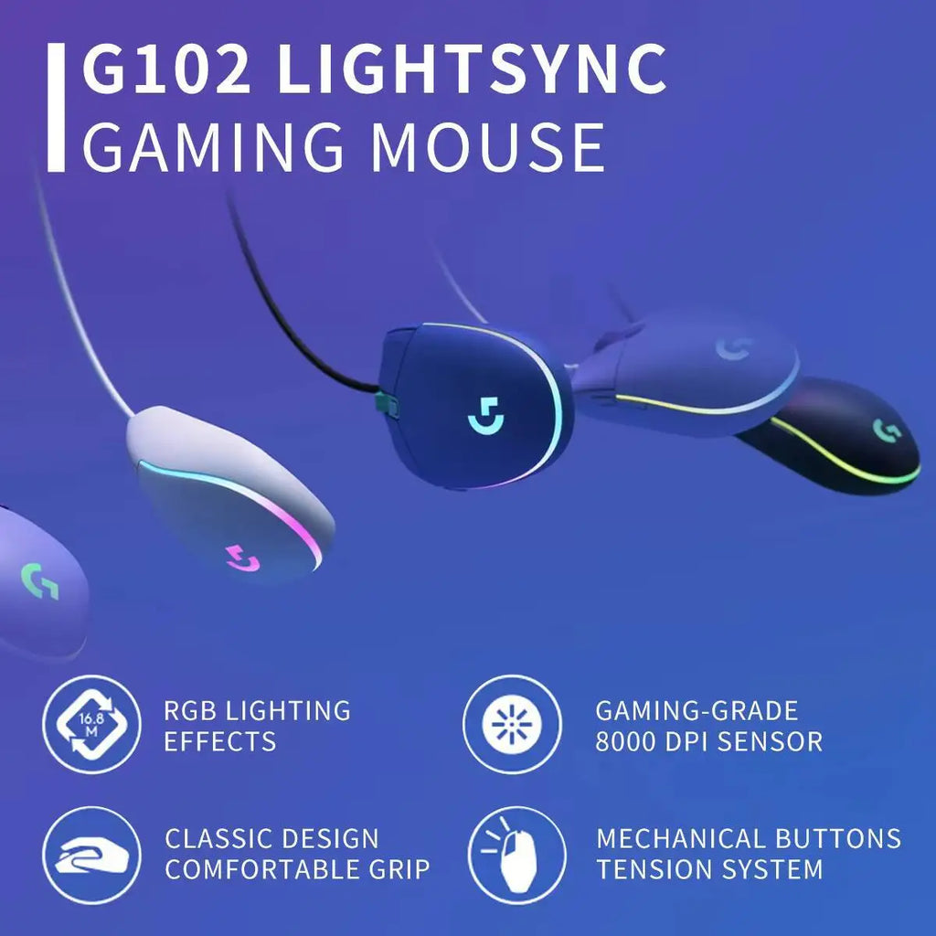 Logitech G102 Wired Gaming Mouse, 1000Hz Polling, 20M Click Durability, RGB Backlit, 6 Keys for Long Sessions
