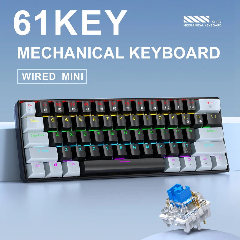APAYADO K61 Mini Gaming Keyboard 60% Portable Wired 61-Key RGB Lighting Red/Blue Switch Selectable Black/White/Red Colors