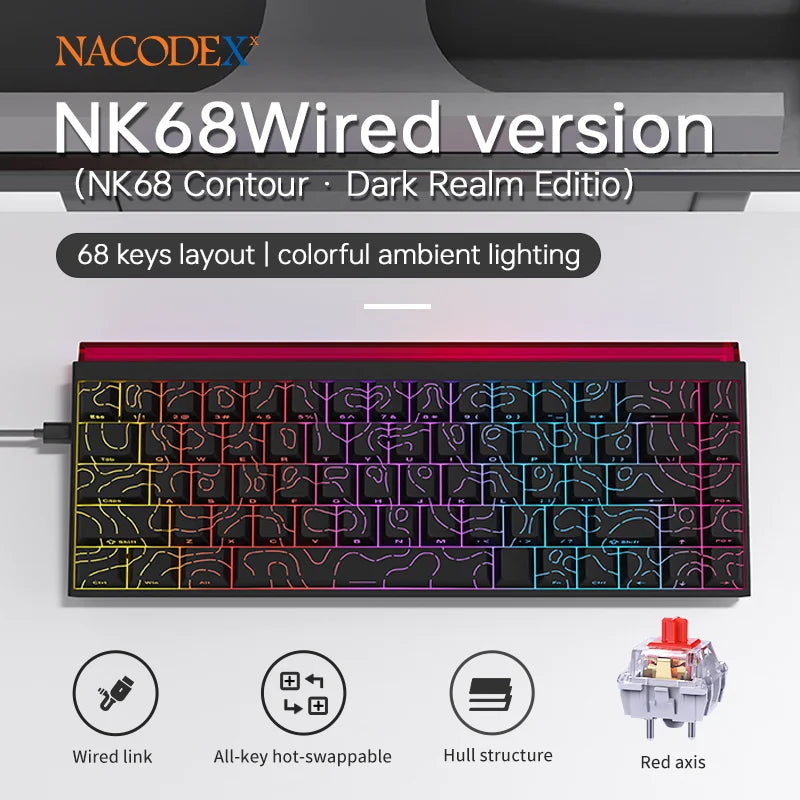 AJAZZ NK68 wired RGB colorful keyboard 68 keys compact contour side engraved keycaps 11 sets lighting Hot plug socket keyboard