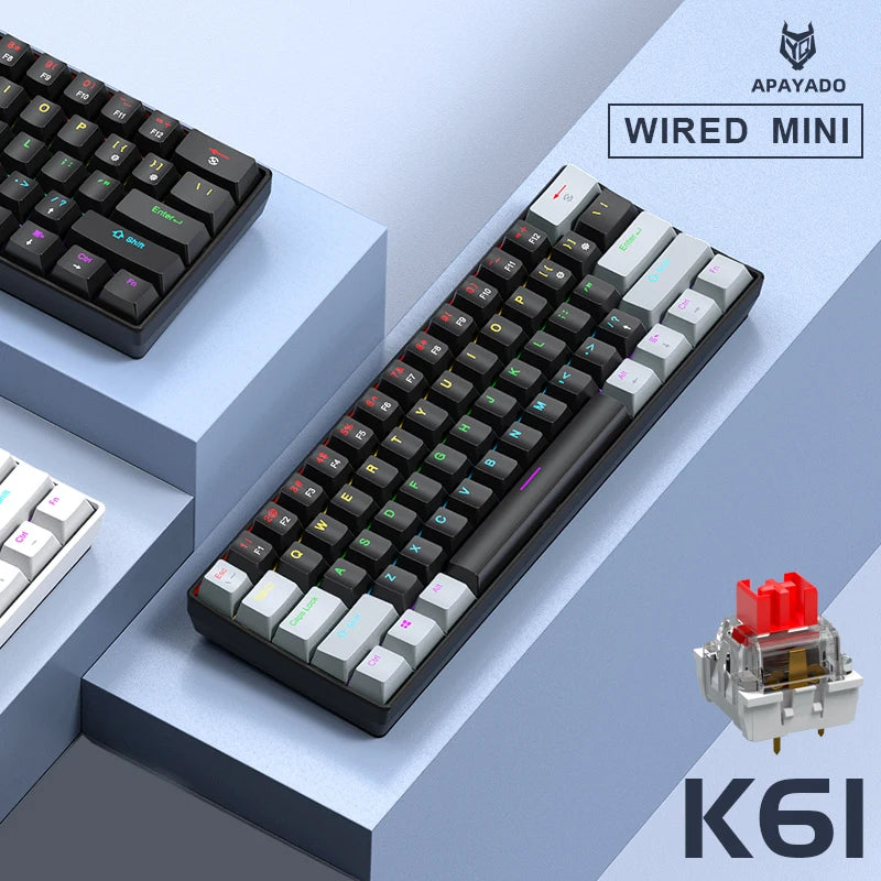 APAYADO K61 Mini Gaming Keyboard 60% Portable Wired 61-Key RGB Lighting Red/Blue Switch Selectable Black/White/Red Colors