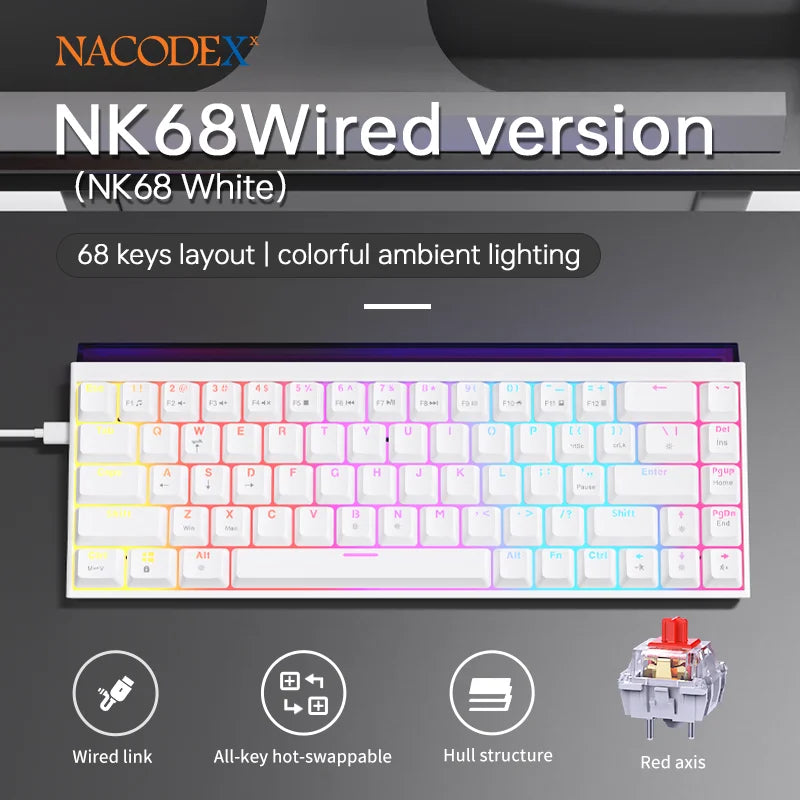 AJAZZ NK68 wired RGB colorful keyboard 68 keys compact contour side engraved keycaps 11 sets lighting Hot plug socket keyboard