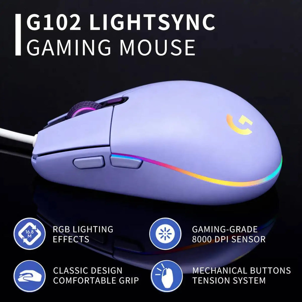 Logitech G102 Wired Gaming Mouse, 1000Hz Polling, 20M Click Durability, RGB Backlit, 6 Keys for Long Sessions