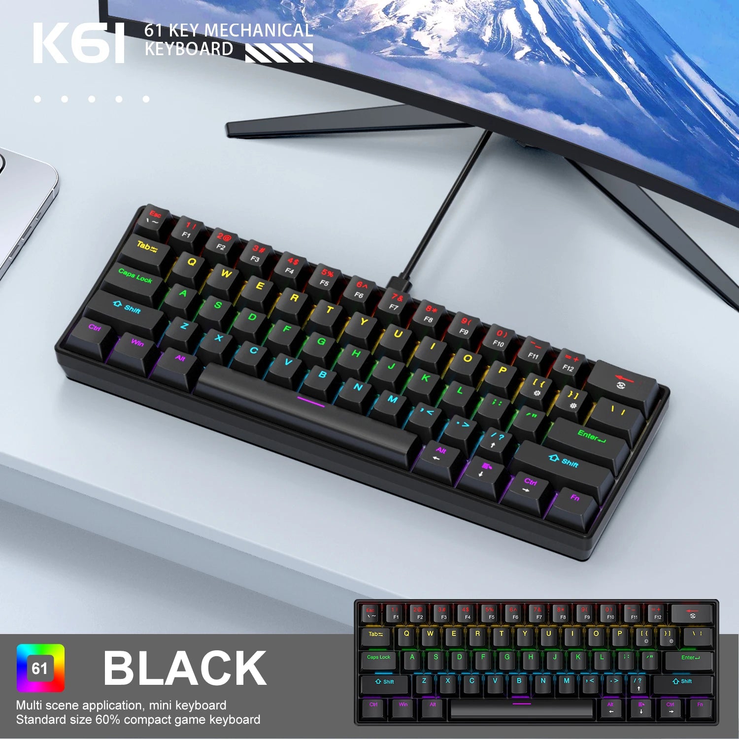 APAYADO K61 Mini Gaming Keyboard 60% Portable Wired 61-Key RGB Lighting Red/Blue Switch Selectable Black/White/Red Colors